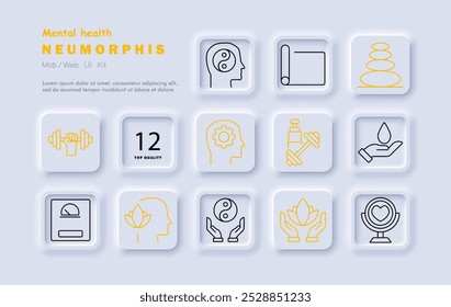 Mental health set icon. Meditation, brain, balance, yoga, mindfulness, therapy, fitness, self-care, relaxation, wellness, mental focus, inner peace