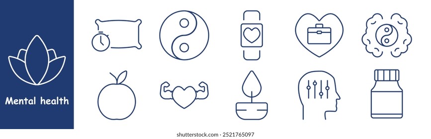 Mental health set icon. Pillow, yin-yang, smartwatch with heart, healthy eating, mental balance, apple, fitness, brain, emotional wellness, therapy, health management, mindfulness, medication