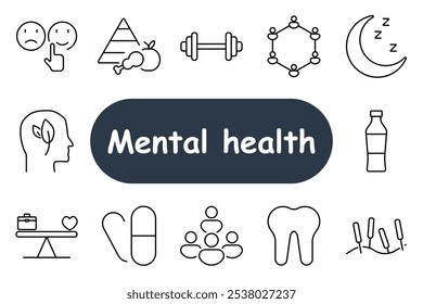 Icono de conjunto de salud mental. Caras sonrientes, pirámide alimenticia, pesas, luna con sueño, diente, botella de agua. Adecuado para el bienestar mental, la salud y el equilibrio del estilo de vida