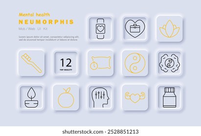 Icono de conjunto de salud mental. Cepillo de dientes, reloj inteligente, cuidado del corazón, almohada, yin-yang, zen, yoga, control mental, fuerza, vitaminas, bienestar, meditación