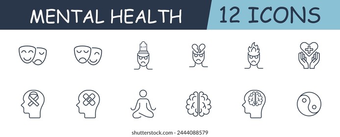 Mental health set line icon. Suppression of emotions, brain, consciousness, yin yang, meditation, yoga. 12 line icon. Vector line icon for business and advertising