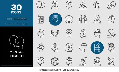 Mental Health set of outline icons related to analysis, infographic, analytics. Editable stroke. Vector illustration.