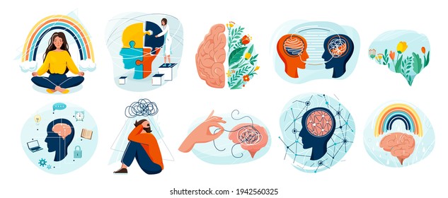 Mental health set vector background. Collection of different illustration with sad and happy people, two side brain, doctor add together puzzle of human head, psychotherapy, connection mind concept.