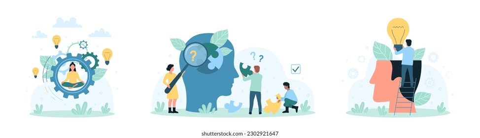 Mental health set vector illustration. Cartoon tiny people with magnifying glass research puzzle in human head and brain disease, giving light bulb to open mind, thinking yoga of person inside gear