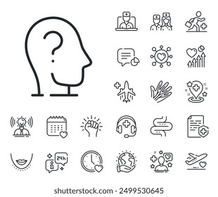 Mental health sign. Online doctor, patient and medicine outline icons. Psychology therapy line icon. Brain question mark symbol. Psychology line sign. Veins, nerves and cosmetic procedure icon. Vector