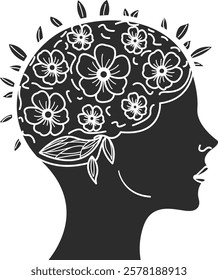 Mental health silhouette in the form of a human head and brain in the form of flowers and leaves, black icon.