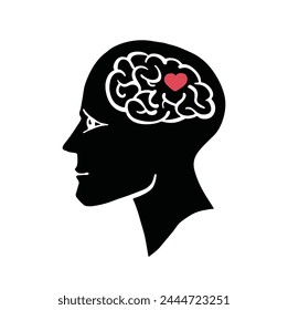 Mental health silhouette, heart in brain vector illustration