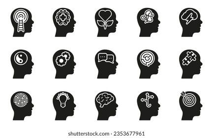 Mental Health Silhouette Icon Set. Psychology Therapy, Emotional Support Glyph Pictogram. Personality Development Solid Sign. Inspiration, Intellectual Process Symbol. Isolated Vector Illustration.