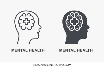 Mental Health Silhouette and Line Icon Set. Psychology Care, Psychiatry Emotional Support Symbol Collection. Medical Aid for Human with Psychological Disorder Pictogram. Isolated Vector Illustration.