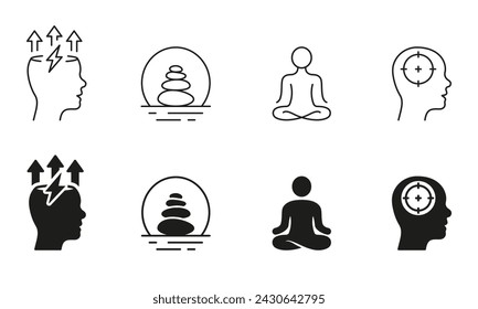 Mental Health Silhouette and Line Icons Set. Meditate, Calm, Relax Pictogram. Positive Energy Black Symbol Collection. Wellness Sign. Isolated Vector Illustration.