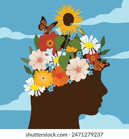 mental health silhouette person flourishing flowers garden mindful illustration