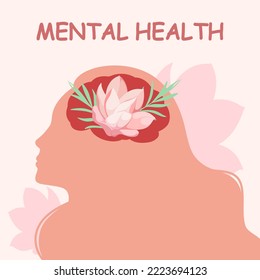 Mental health. Silhouette of a woman with a beautiful brain with flowers. Vector illustration.