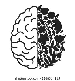 Mental health. A simple drawing of a brain half made of flowers. Modern vector black and white illustration.