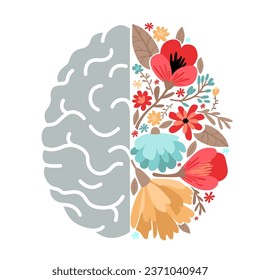 Mental health. A simple drawing of a brain half made of flowers. Modern vector illustration.