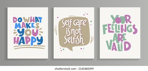 Mental health slogans set. Handwritten positive self-talk inspirational quotes. Vector posters with stylized typography with realistic shadows overlays on pastel background for print, cards, banners.