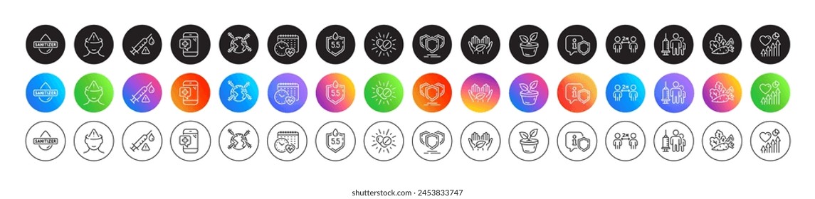 Mental health, Social distancing and World vaccination line icons. Round icon gradient buttons. Pack of Heart beat, Leaves, Ph neutral icon. Vector