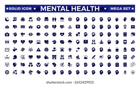 Conjunto de iconos sólidos de salud mental. Contiene íconos de depresión, bipolar, trastorno de estrés postraumático, pánico y trastorno mental. Ilustración vectorial de símbolos sólidos de psicología.
