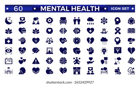 Psychische Gesundheit solide Ikonensatz. Mit Symbolen für Depressionen, bipolare Störungen, PTBS, Panik und psychische Störungen. Psychologie solides Symbol, Vektorgrafik.