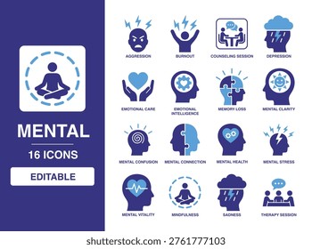Mental Health solid vector glyph icon set featuring mindfulness, therapy session, emotional intelligence, counseling session, mental clarity, mental stress, and burnout icons.