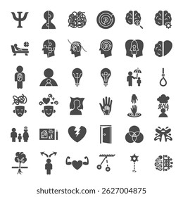 Iconos sólidos de la Web de la salud mental. Ilustración vectorial de iconos web de terapia de psicología sólida. Símbolos del Mes del Bienestar y la Concienciación. Conjunto de Objetos de bienestar.