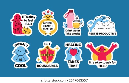 Mental health sticker. Awareness therapy. Psychology healing. Help and support. Self-care icons. Motivational label design. Positive mind wellness. Social media signs. Vector positive messages set