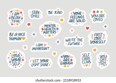 Mental health stickers flat vector illustration set. Collection self care and love inspirational quotes. Positive motivation saying for daily planner, scrapbook, diary, calendar, organizer.