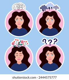 Mental Health Stickers Pack. Sad woman cry, feel stressed, perplexity, calmness. Woman with mental problems. Stress Awareness. Anxiety. Depression. ADHD. Inner peace. Flat vector illustration.