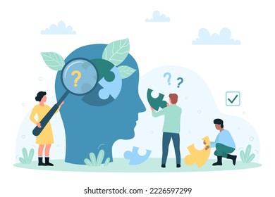 Mental health, support in brain disorders vector illustration. Cartoon tiny people looking through magnifying glass at jigsaw puzzle inside abstract human head, person holding piece to connect