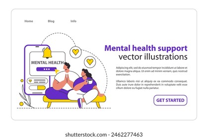 Mental Health Support concept. Digital therapy and wellness with supportive technology. Online counseling, emotional care through apps. Vector illustration.
