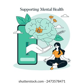 Mental Health Support concept. Digital wellness and emotional care through technology. Serene woman, brain, and nature in harmony. Vector illustration.