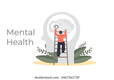 Mental health support concept, emotional, mental health, brain healthcare, cognitive problem, person fixing gears in head, psychological therapy,human brain mechanism, flat vector illustration