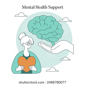 Mental Health Support concept. Illustration of emotional stability and brain care. Serene woman, caring hands, and a healthy mind iconography. Vector illustration.