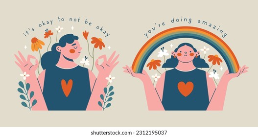 Mental health support concept. Set of cute clip arts with women, okay gesture, rainbow, text, flowers, plants. Modern pesons, who holding rainbow and show okay gest. Psychological health support.