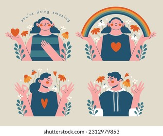 Concepto de apoyo a la salud mental. Un juego de adorables pinturas con mujeres, hombre, buen gesto, arcoiris, texto, flores, corazón. Las personas modernas, que sostienen el arcoiris y muestran gest bien. Apoyo psicológico a la salud.