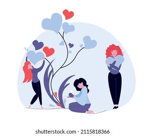 mental health support, mental health, Girls support each other, the heart is gaining strength in the team. The girl waters the tree of emotions, plucks the fruits of her work. Vector flat illustration