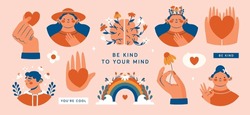 Mental Health Support. Hand Drawn Set Of Vector Illustrations With Various People, Young Persons, Hands, Heart, Rainbow, Brain, Flowers, Labels. Modern Minimal Clip Arts With Funny Characters.