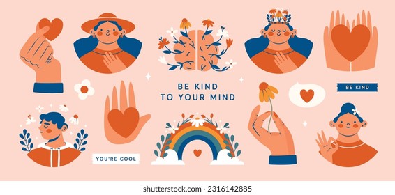 Mental health support. Hand drawn set of vector illustrations with various people, young persons, hands, heart, rainbow, brain, flowers, labels. Modern minimal clip arts with funny characters.