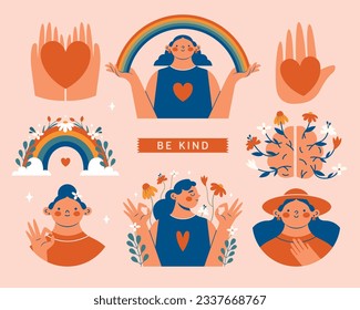 Apoyo a la salud mental. Conjunto de ilustraciones vectoriales a mano con mujeres, jóvenes, manos, corazón, arcoiris, cerebro, flores, etiquetas. Pegatinas minimalistas modernas, artes de video con personajes graciosos.