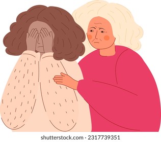 Mental health support.  Helping hand for depressed, unhappy african girl. Mother hugs her afro daughter. Psychological and parent support concept vector. Empathy, patient at psychologist appointment. 
