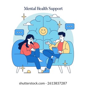 Mental Health Support illustration. A scene depicting a supportive interaction between a counselor and a person seeking mental health guidance. The backdrop features elements symbolizing positivity