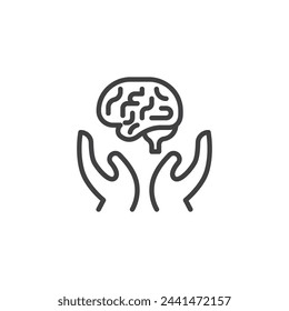 Icono de línea de soporte de salud mental. signo de estilo lineal para concepto móvil y diseño web. Manos y cerebro humano contorno vector icono. Símbolo, ilustración del logotipo. Gráficos vectoriales