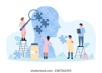 Mental health support, psychology vector illustration. Cartoon tiny people analyze puzzle jigsaw inside head, psychologists research cognitive problems of personality and mind disorders together