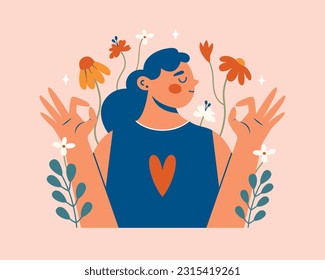 Mental health support, self care concept. Clip art with cute woman shows ok gesture with hands. Cartoon comic girl with flowers and plants. Funny illustration for poster, banner, sticker, card. 