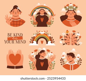 Mental health support. Set of vector illustrations with young people, persons, hands, heart, rainbow, brain, flowers, women, men. Naive minimal clip arts with cute cartoon characters. Flat stickers