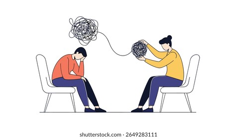 Apoio à Saúde Mental e Conceito de Sessão de Terapia Mostrando Conselheiro Ajudando Paciente a Desemaranhar Desconforto Mental