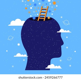 Mental Health. Surreal stairs to human head with stars and clouds. Open your mind. Psychotherapy, meditation, person brain in space. Psycho and healthy emotions vector concept. Ladder to head