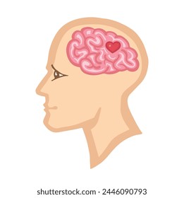 Mental health symbol, heart in brain vector color cartoon illustration
