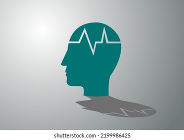 Mental Health Symptoms Depression, Anxiety, Confusion, And Apathy. Grey Head Silhouette With Illness Symbols. Hand-drawn Vector Icon Illustration.