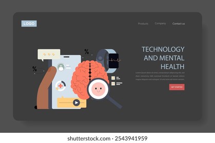 Mental Health Technology concept. A brain illustration highlights the convergence of healthcare and digital innovation. Brain analysis, data-driven therapy and emotional wellness. Vector illustration.