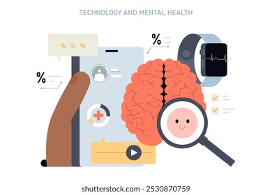 Mental health technology concept. Integration of digital tools for psychological wellbeing with brain, smartphone, and wearable tech. Vector illustration.